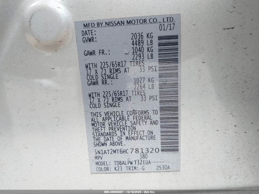 2017 Nissan Rogue S VIN: 5N1AT2MT6HC781320 Lot: 43940287