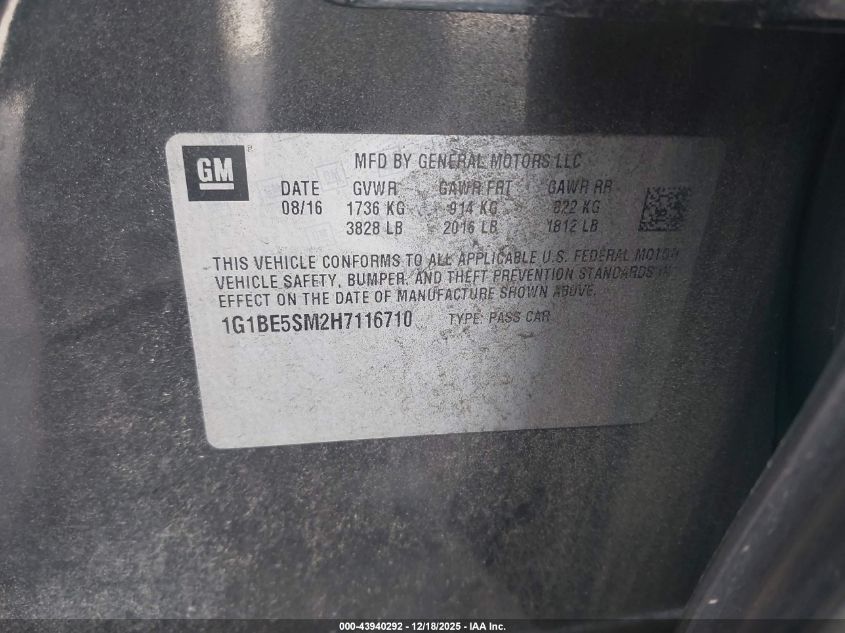 2017 Chevrolet Cruze Lt Auto VIN: 1G1BE5SM2H7116710 Lot: 43940292