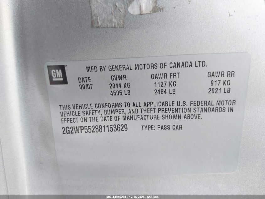 2008 Pontiac Grand Prix VIN: 2G2WP552881153629 Lot: 43940294