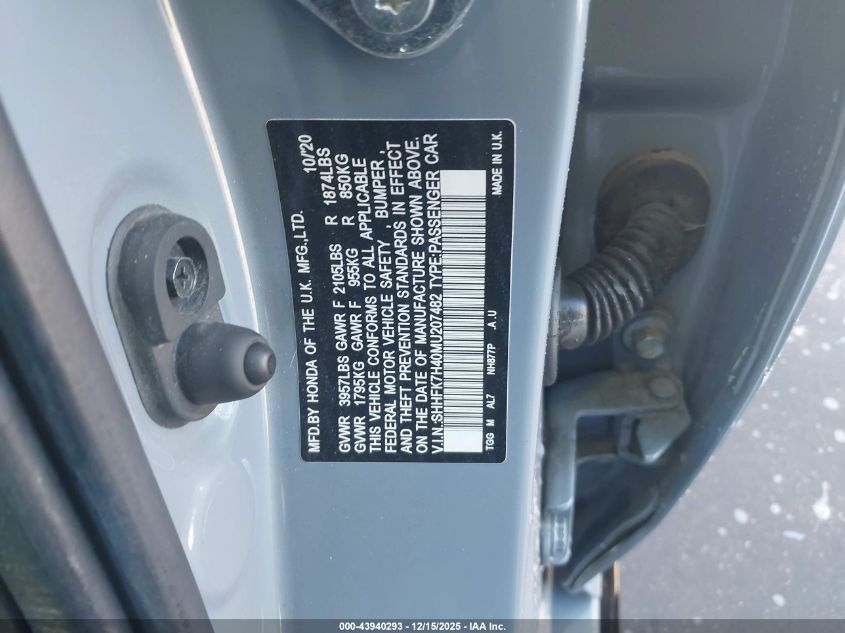 2021 Honda Civic Sport VIN: SHHFK7H40MU207482 Lot: 43940293