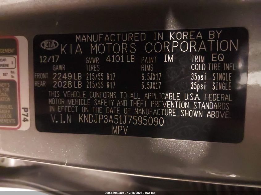 2018 Kia Soul + VIN: KNDJP3A51J7595090 Lot: 43940301