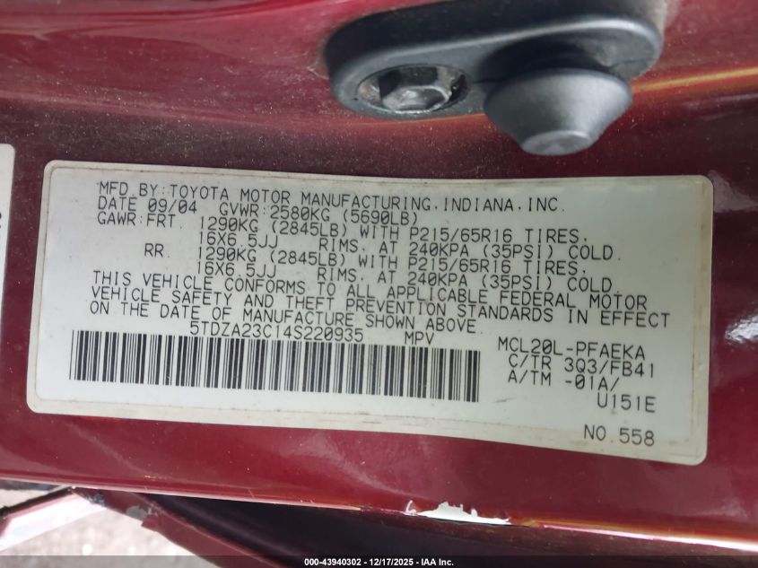 2004 Toyota Sienna Le VIN: 5TDZA23C14S220935 Lot: 43940302