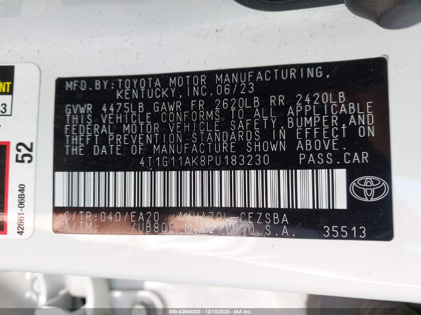 2023 Toyota Camry Se Night Shade/Se VIN: 4T1G11AK8PU183230 Lot: 43940303