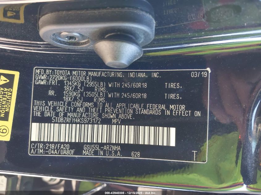 2019 Toyota Highlander Le Plus VIN: 5TDBZRFH4KS973172 Lot: 43940308