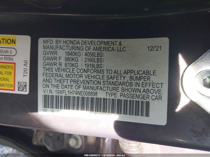 2022 Honda Civic Ex-L VIN: 19XFL1H74NE008898 Lot: 43940311