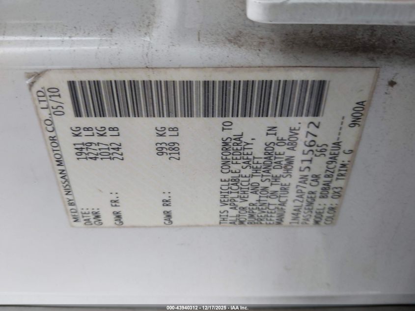 2010 Nissan Altima 2.5 S VIN: 1N4AL2AP7AN515672 Lot: 43940312