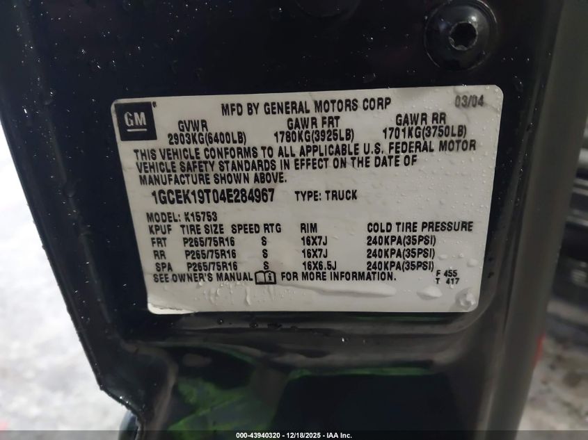 2004 Chevrolet Silverado 1500 Z71 VIN: 1GCEK19T04E284967 Lot: 43940320