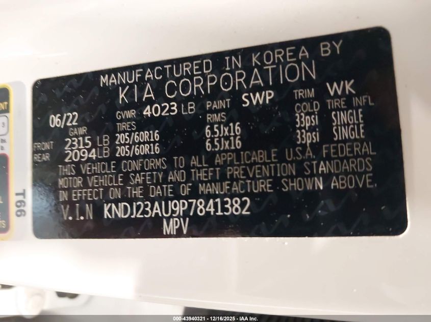 2023 Kia Soul S VIN: KNDJ23AU9P7841382 Lot: 43940321