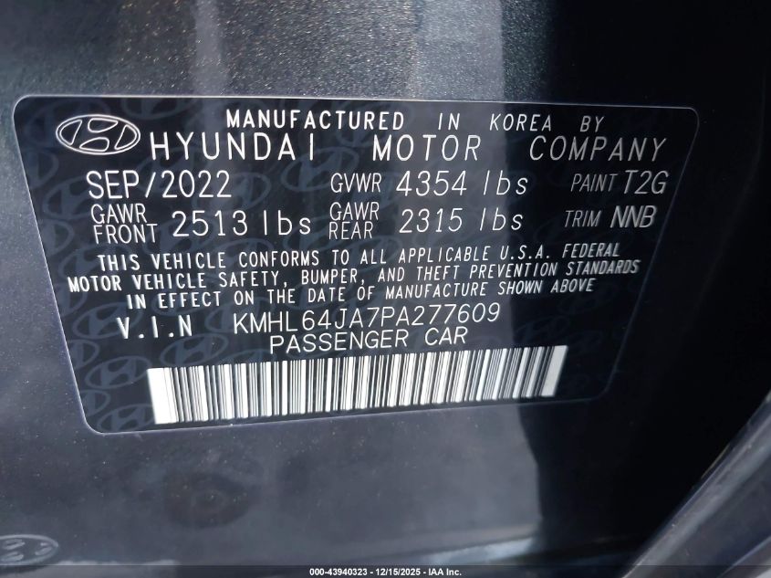 2023 Hyundai Sonata Sel VIN: KMHL64JA7PA277609 Lot: 43940323