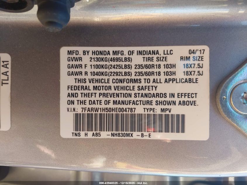 2017 Honda Cr-V Ex VIN: 7FARW1H50HE004787 Lot: 43940325