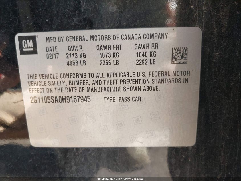 2017 Chevrolet Impala 1Lt VIN: 2G1105SA0H9167945 Lot: 43940327