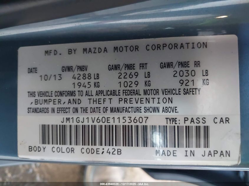 2014 Mazda Mazda6 I Touring VIN: JM1GJ1V60E1153607 Lot: 43940328