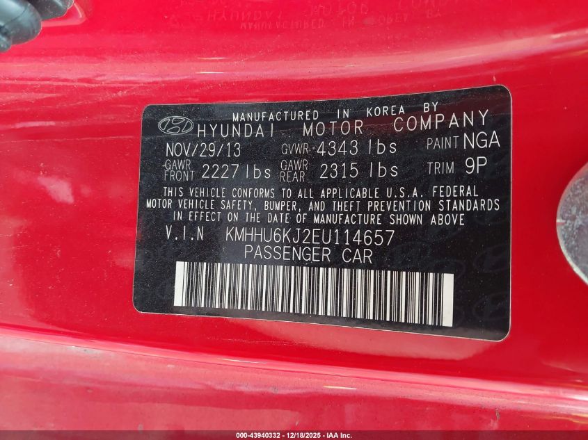 2014 Hyundai Genesis 3.8 R-Spec VIN: KMHHU6KJ2EU114657 Lot: 43940332