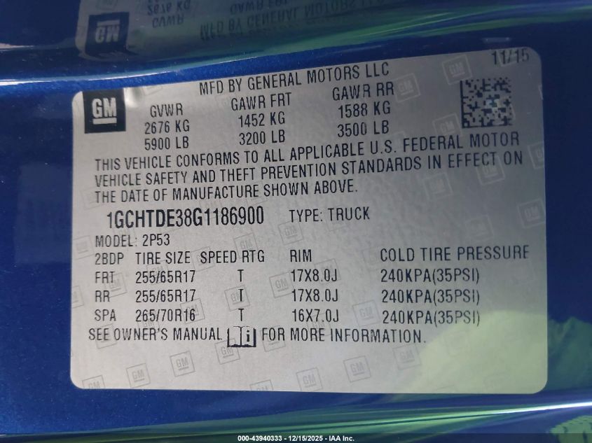 2016 Chevrolet Colorado Z71 VIN: 1GCHTDE38G1186900 Lot: 43940333