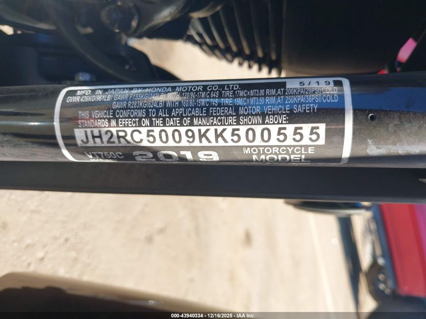 2019 Honda Vt750 C VIN: JH2RC5009KK500555 Lot: 43940334