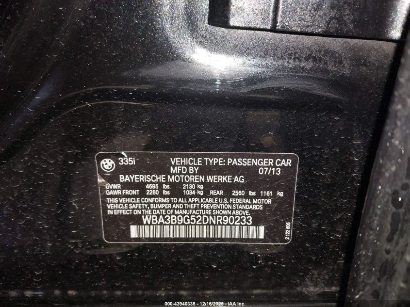 2013 BMW 335I xDrive VIN: WBA3B9G52DNR90233 Lot: 43940335