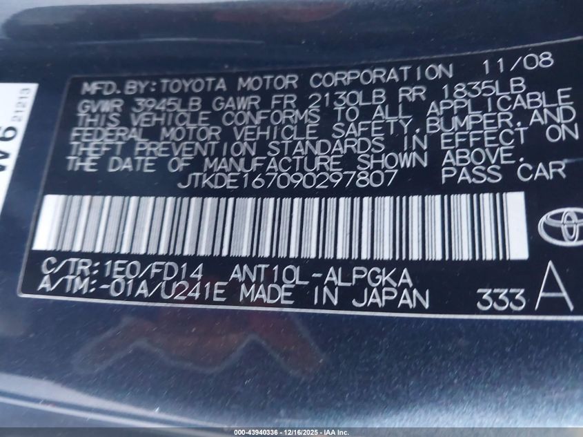 2009 Scion Tc VIN: JTKDE167090297807 Lot: 43940336