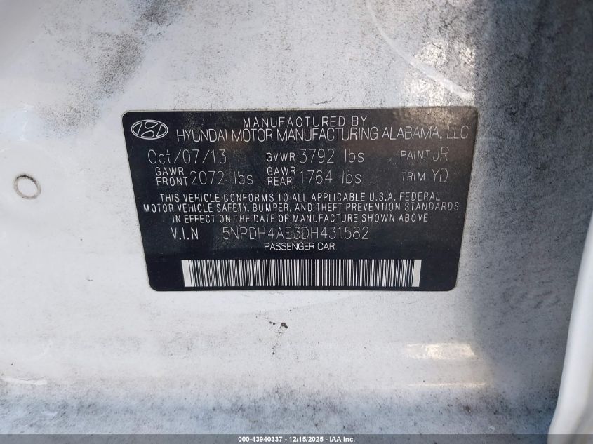 2013 Hyundai Elantra Limited VIN: 5NPDH4AE3DH431582 Lot: 43940337