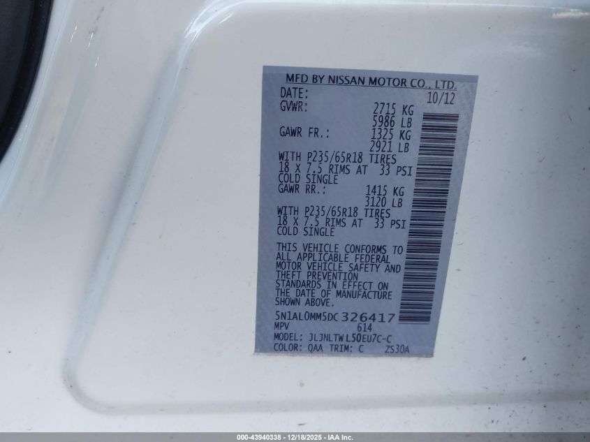 2013 Infiniti Jx35 VIN: 5N1AL0MM5DC326417 Lot: 43940338