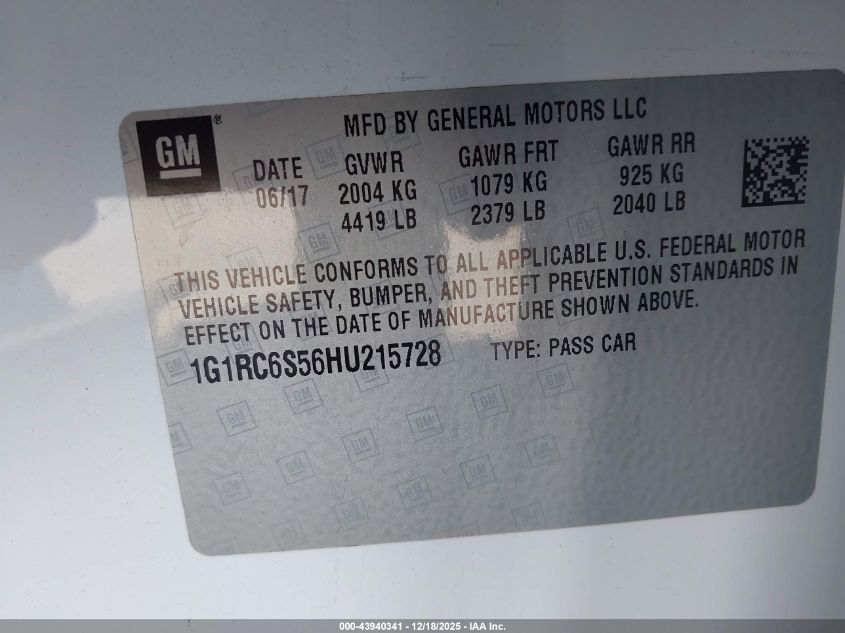 2017 Chevrolet Volt Lt VIN: 1G1RC6S56HU215728 Lot: 43940341