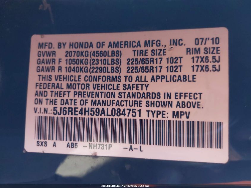 2010 Honda Cr-V Ex VIN: 5J6RE4H59AL084751 Lot: 43940344