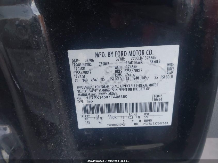 2007 Ford F-150 Fx4/Lariat/Xl/Xlt VIN: 1FTPX14587FA05380 Lot: 43940346