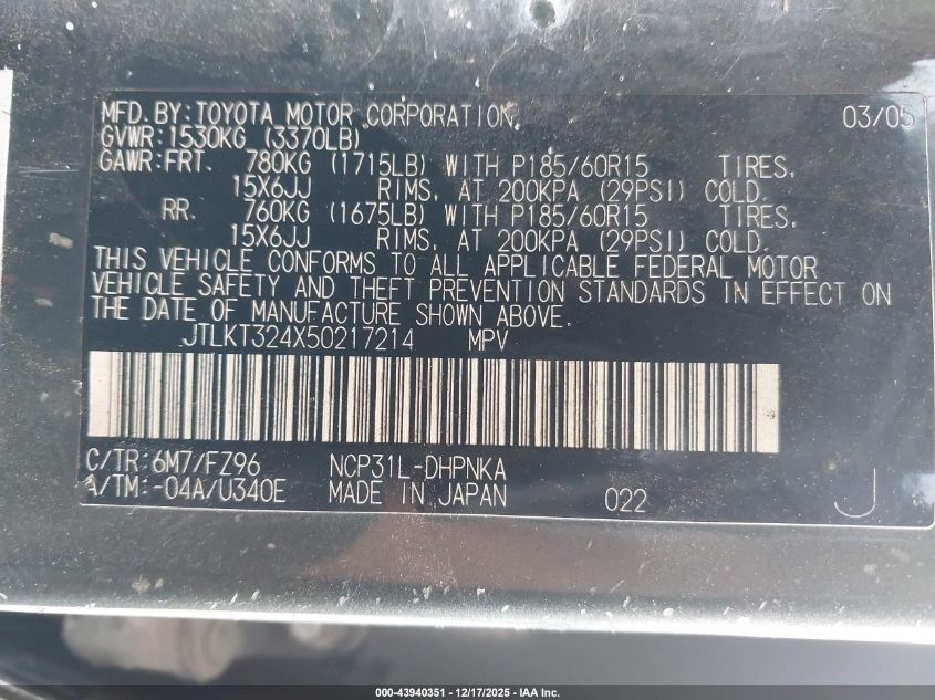 2005 Scion Xb VIN: JTLKT324X50217214 Lot: 43940351