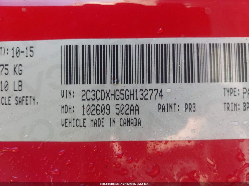 2016 Dodge Charger Sxt VIN: 2C3CDXHG5GH132774 Lot: 43940353