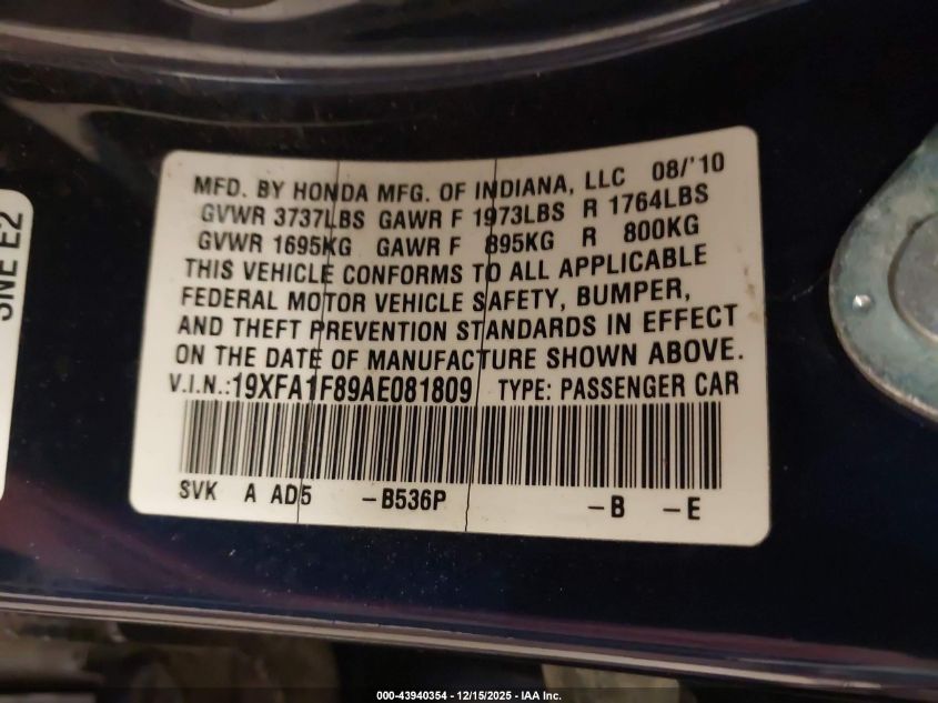 2010 Honda Civic Ex VIN: 19XFA1F89AE081809 Lot: 43940354