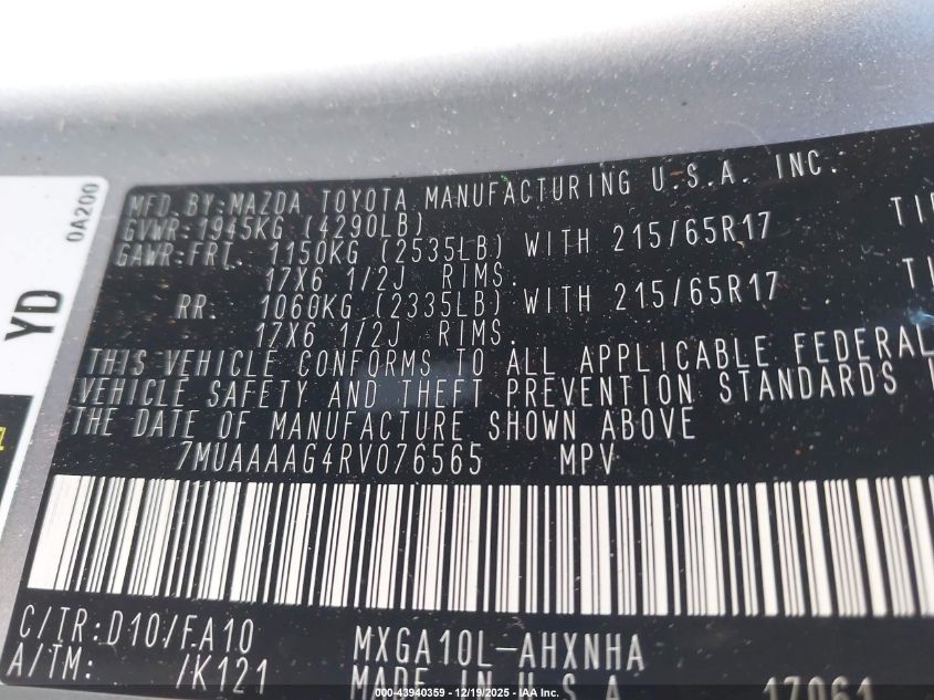 2024 Toyota Corolla Cross L VIN: 7MUAAAAG4RV076565 Lot: 43940359