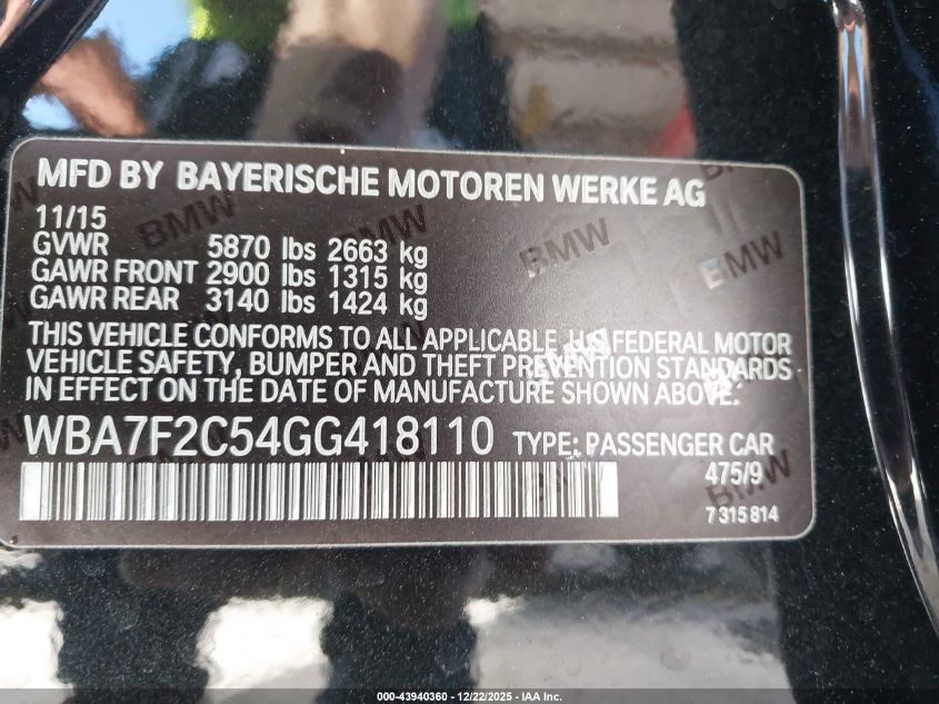 2016 BMW 750I xDrive VIN: WBA7F2C54GG418110 Lot: 43940360