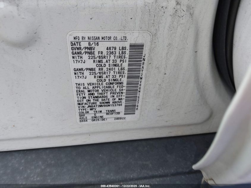 2016 Nissan Rogue S/Sl/Sv VIN: JN8AT2MV8GW153766 Lot: 43940361