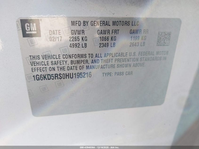 2017 Cadillac Ct6 Luxury VIN: 1G6KD5RS0HU195216 Lot: 43940364