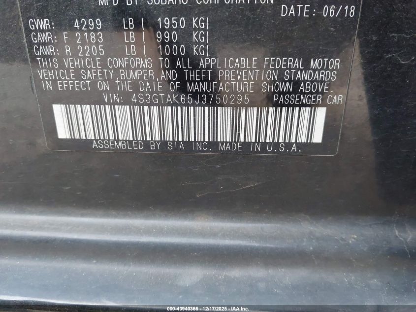 2018 Subaru Impreza 2.0I Sport VIN: 4S3GTAK65J3750295 Lot: 43940366