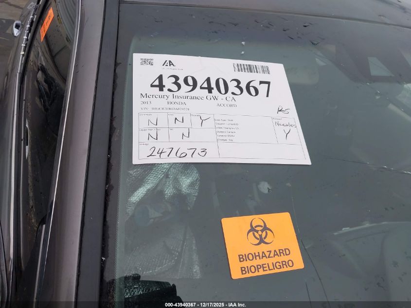 2013 Honda Accord Ex-L VIN: 1HGCR2F86DA024378 Lot: 43940367