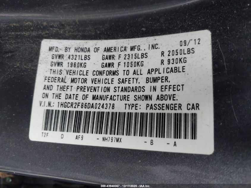 2013 Honda Accord Ex-L VIN: 1HGCR2F86DA024378 Lot: 43940367