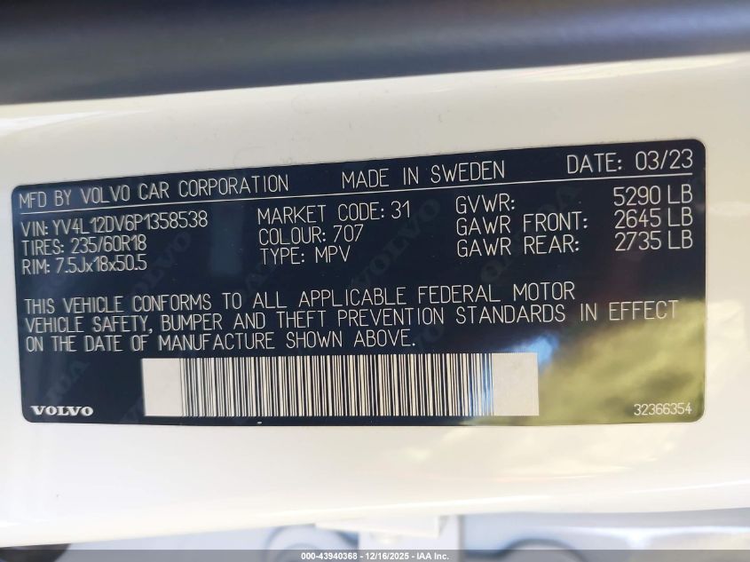 2023 Volvo Xc60 B5 Core VIN: YV4L12DV6P1358538 Lot: 43940368