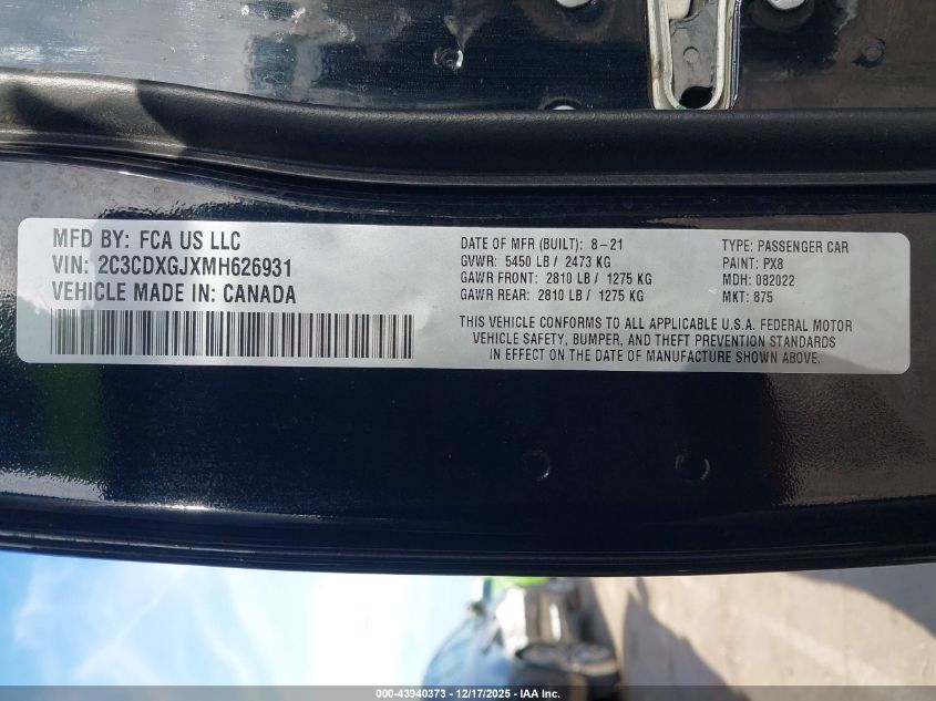 2021 Dodge Charger Scat Pack Rwd/Scat Pack Widebody Rwd VIN: 2C3CDXGJXM8626931 Lot: 43940373