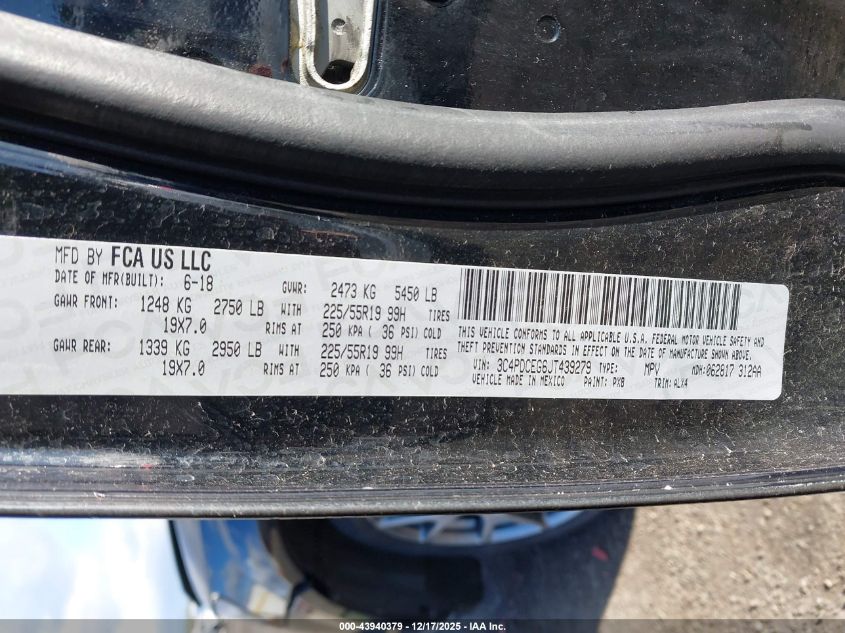 2018 Dodge Journey Gt VIN: 3C4PDCEG6JT439279 Lot: 43940379