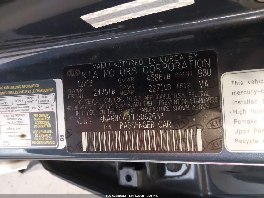 2014 Kia Optima Hybrid Ex VIN: KNAGN4AD1E5062653 Lot: 43940382