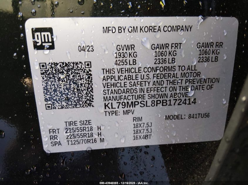 2023 Chevrolet Trailblazer Fwd Lt VIN: KL79MPSL8PB172414 Lot: 43940385