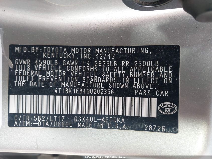 2016 Toyota Avalon Touring VIN: 4T1BK1EB4GU202356 Lot: 43940384