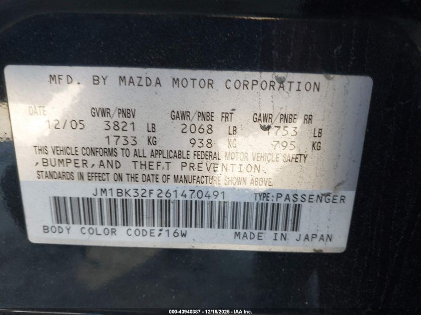 2006 Mazda Mazda3 I VIN: JM1BK32F261470491 Lot: 43940387