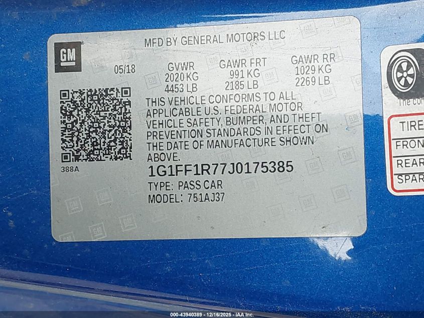 2018 Chevrolet Camaro 1Ss VIN: 1G1FF1R77J0175385 Lot: 43940389