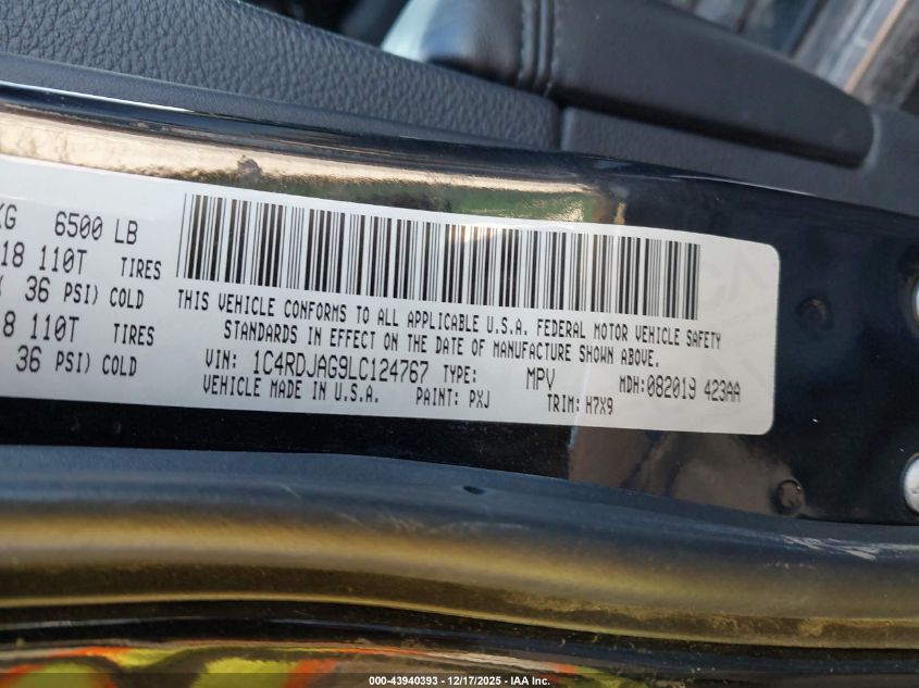 2020 Dodge Durango Sxt Plus Awd VIN: 1C4RDJAG9LC124767 Lot: 43940393