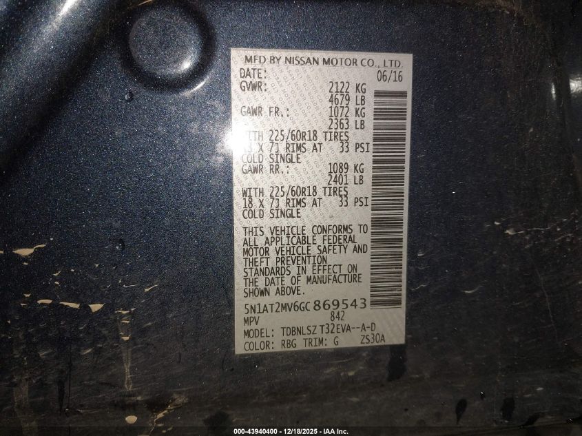 2016 Nissan Rogue Sl VIN: 5N1AT2MV6GC869543 Lot: 43940400