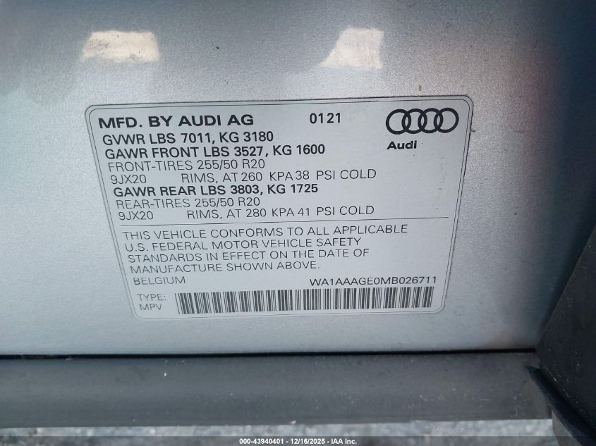 2021 Audi E-Tron Premium Quattro VIN: WA1AAAGE0MB026711 Lot: 43940401
