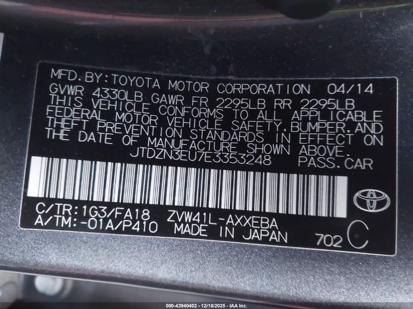 2014 Toyota Prius V Three VIN: JTDZN3EU7E3353248 Lot: 43940402