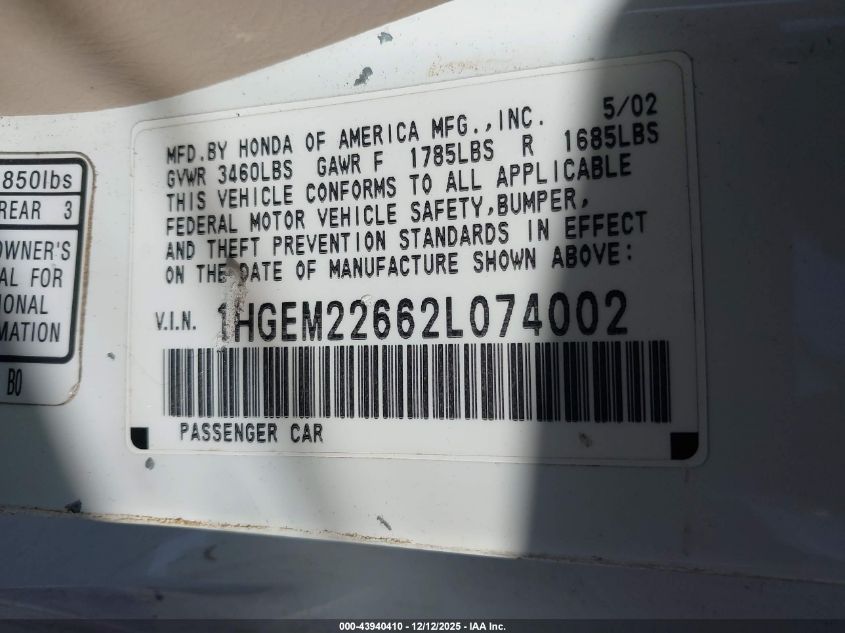 2002 Honda Civic Lx VIN: 1HGEM22662L074002 Lot: 43940410