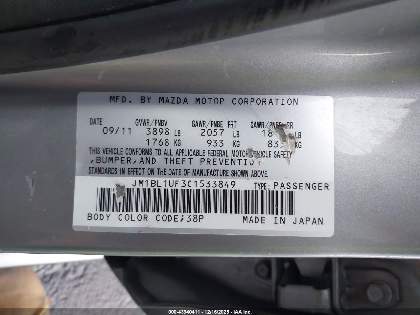 2012 Mazda Mazda3 I Sport VIN: JM1BL1UF3C1533849 Lot: 43940411